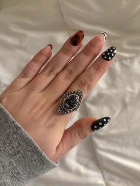 Silver and Snowflake Obsidian Ornate Marcasite Style Statement Ring